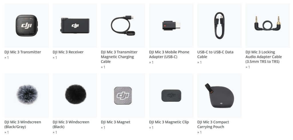 Conținut pachet Kit microfon wireless DJI Mic 3 (1TX+1RX)