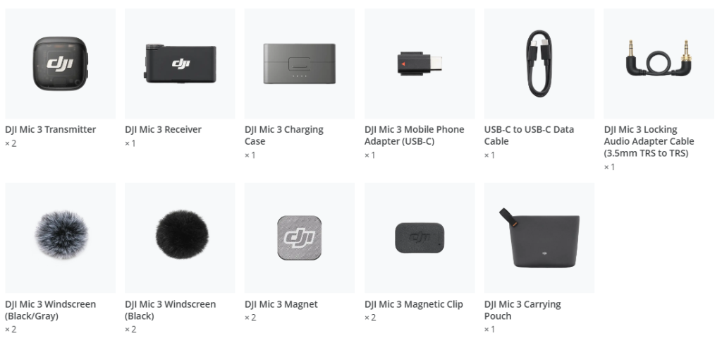 Conținut pachet Kit microfon wireless DJI Mic 3 (2TX+1RX+Charging case)