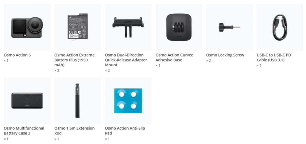 Conținut pachet cameră de acțiune DJI Osmo Action 6 Standard Combo