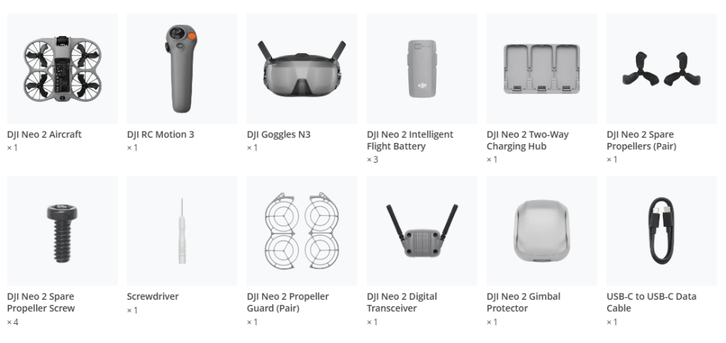 Conținut pachet drona DJI Neo Motion Fly More Combo