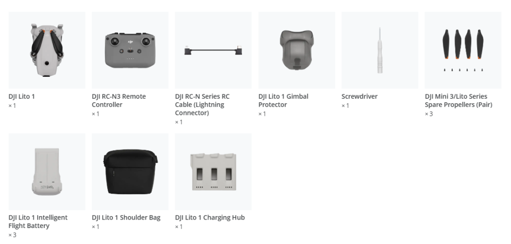 Conținut pachet Drona DJI Lito 1 Fly More Combo (DJI RC-N3)