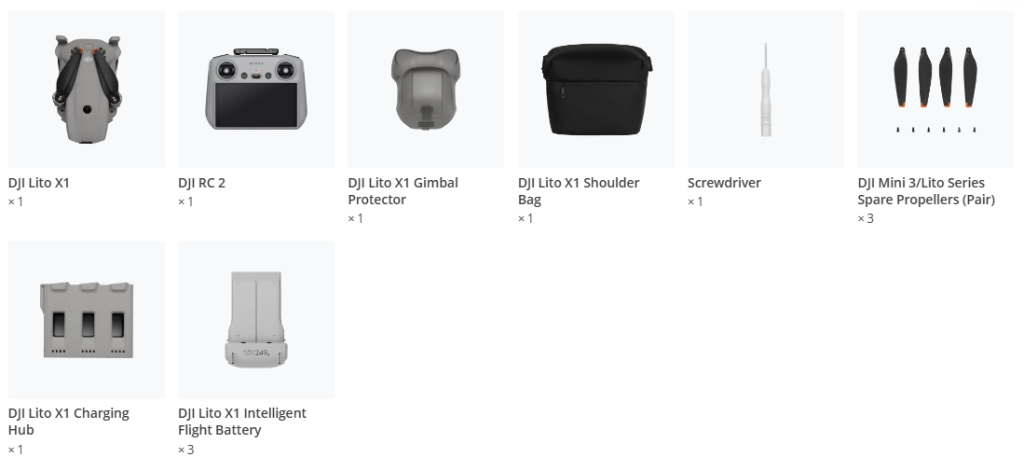 Conținut pachet Drona DJI Lito X1 Fly More Combo (DJI RC 2)