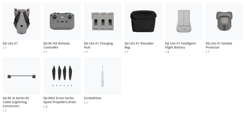 Conținut pachet Drona DJI Lito X1 Fly More Combo (DJI RC-N3)