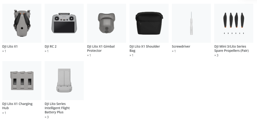 Conținut pachet Drona DJI Lito X1 Fly More Combo Plus (DJI RC 2)
