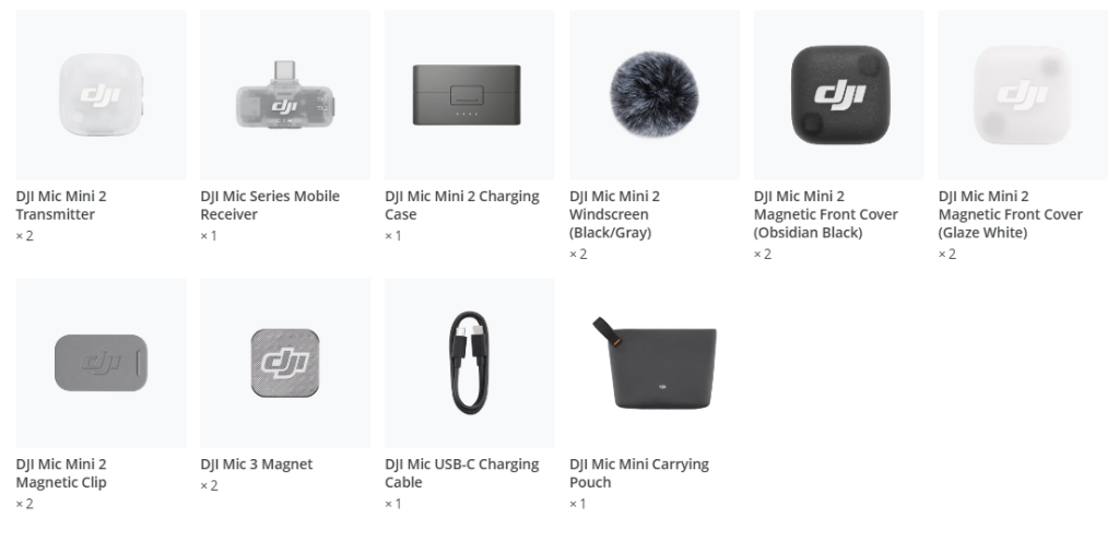 Conținut pachet Microfon wireless DJI Mic Mini 2 (2TX+1RX+Charging case)